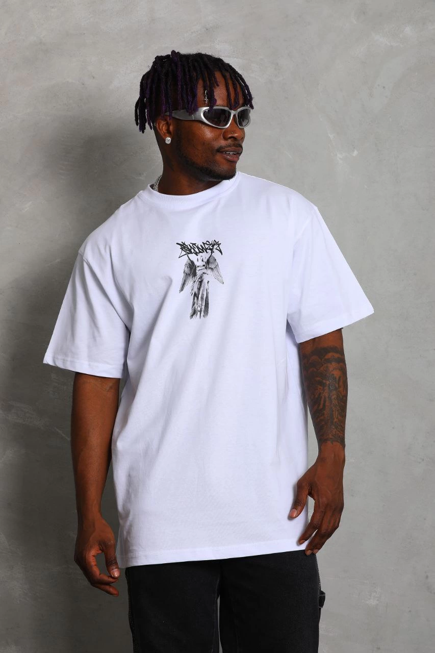 Oversize Baskılı Bisiklet Yaka T-Shirt - Beyaz -