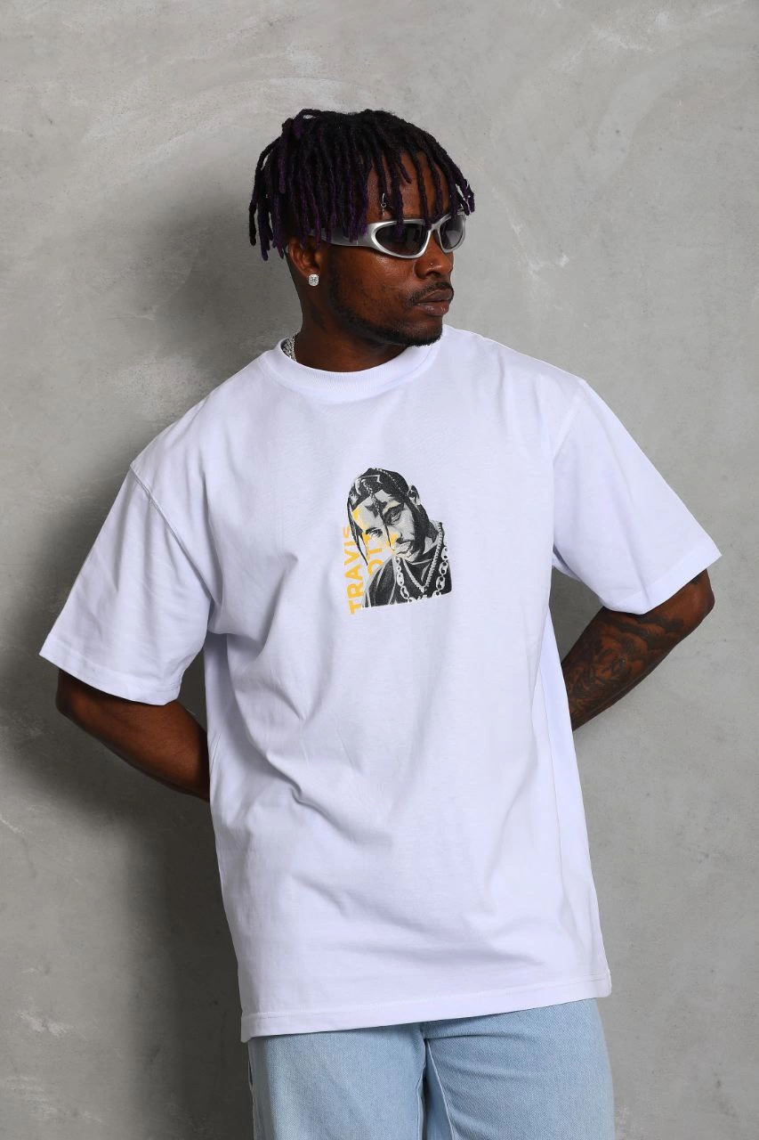 Oversize Baskılı Bisiklet Yaka T-Shirt - Beyaz -