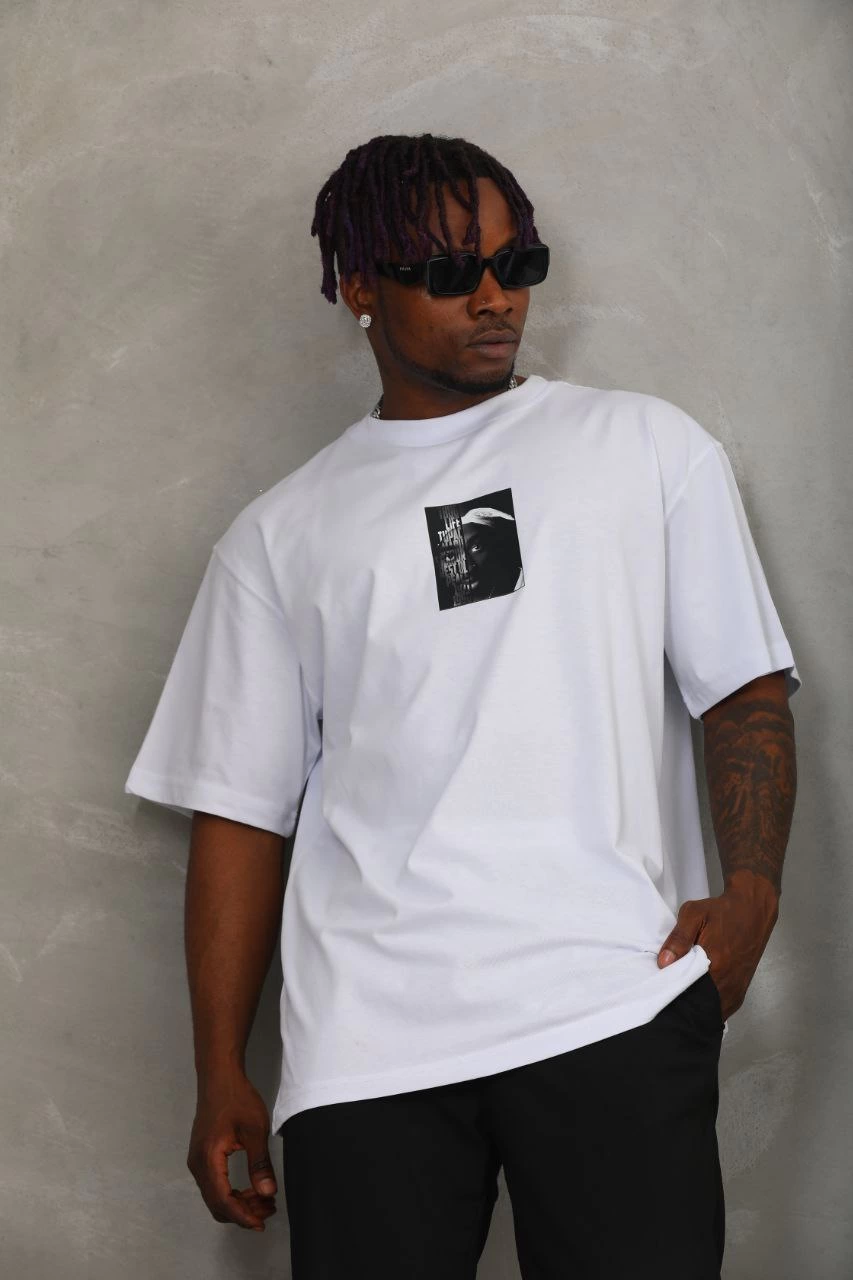 Oversize Baskılı Bisiklet Yaka T-Shirt - Beyaz -