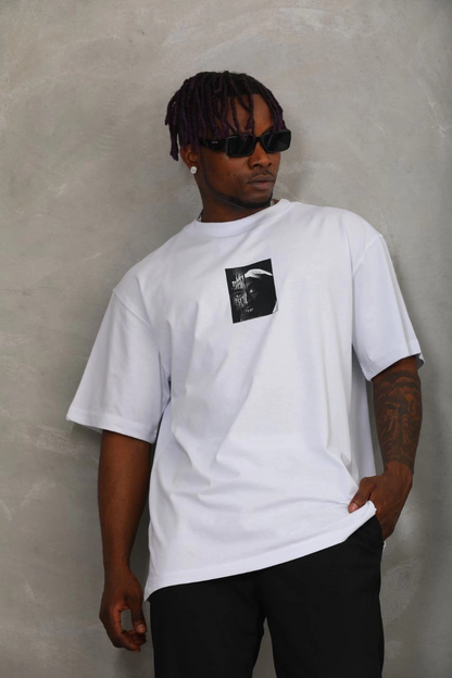 Oversize Baskılı Bisiklet Yaka T-Shirt - Beyaz -