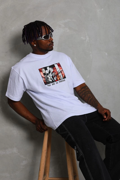 Oversize Baskılı Bisiklet Yaka T-Shirt - Beyaz -