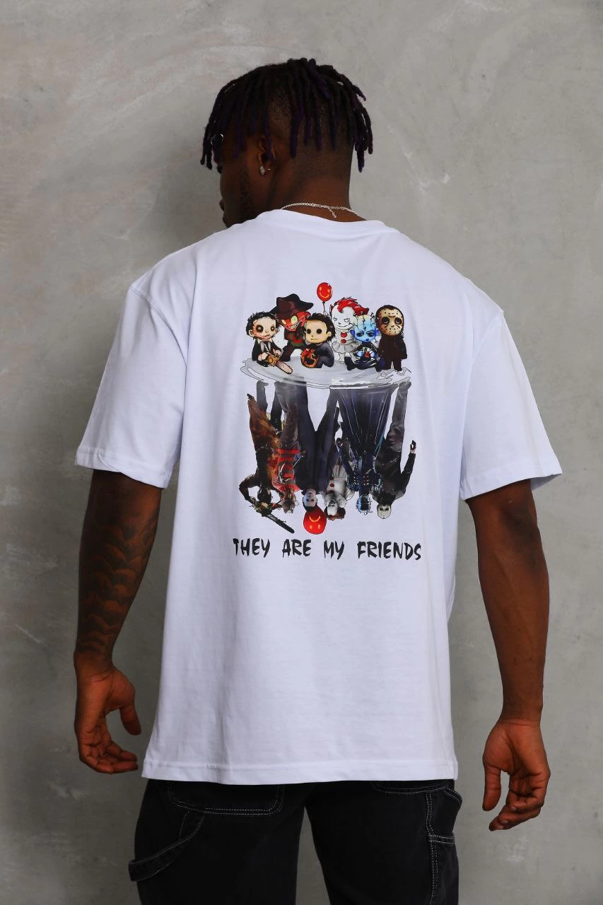 Oversize Baskılı Bisiklet Yaka T-Shirt - Beyaz -