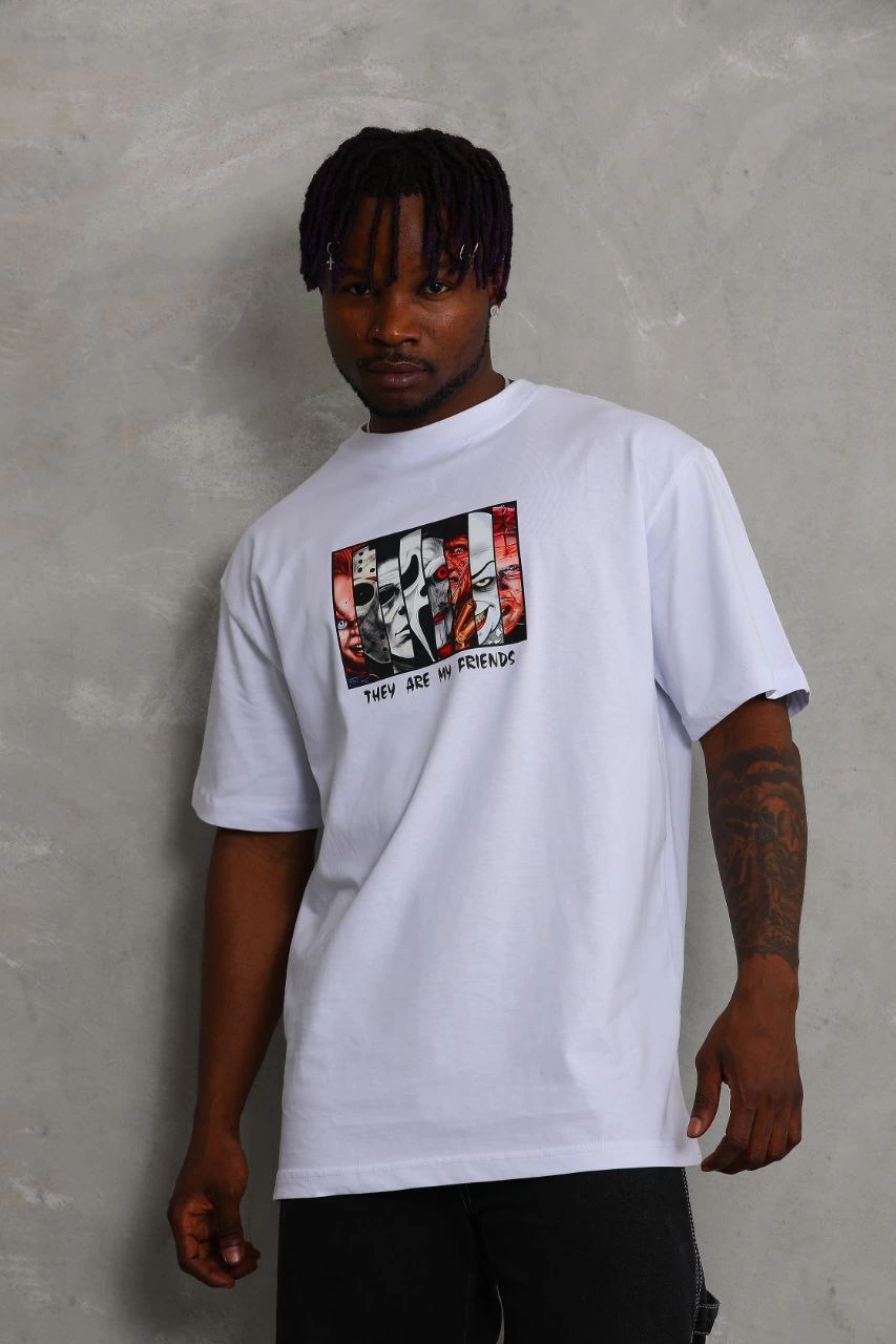 Oversize Baskılı Bisiklet Yaka T-Shirt - Beyaz -