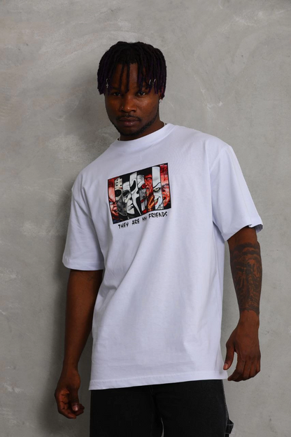 Oversize Baskılı Bisiklet Yaka T-Shirt - Beyaz -