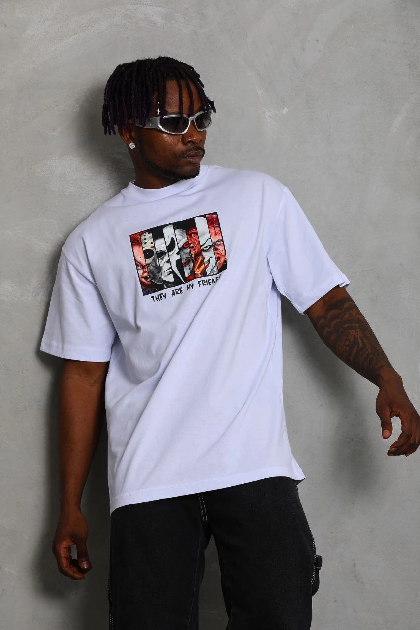 Oversize Baskılı Bisiklet Yaka T-Shirt - Beyaz -