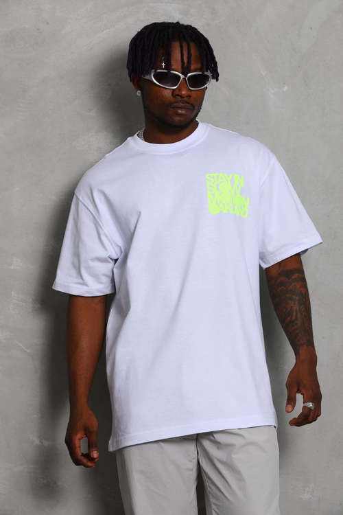 Oversize Baskılı Bisiklet Yaka T-Shirt - Beyaz -