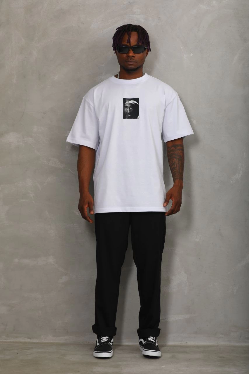 Oversize Baskılı Bisiklet Yaka T-Shirt - Beyaz -