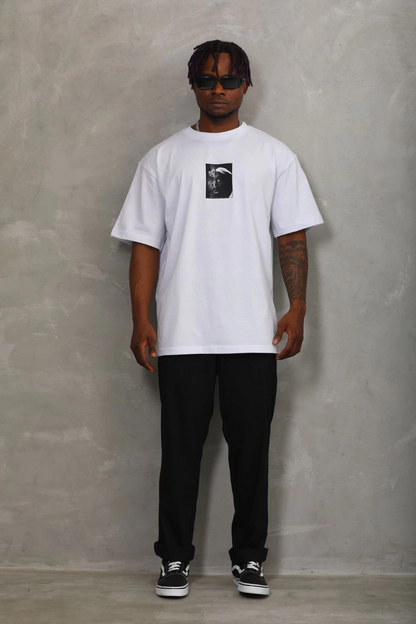 Oversize Baskılı Bisiklet Yaka T-Shirt - Beyaz -