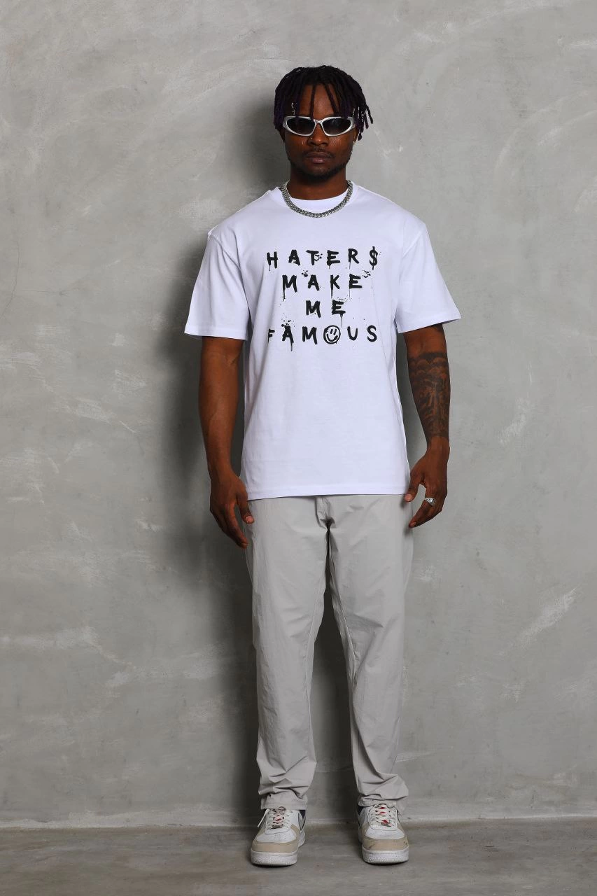 Oversize Baskılı Bisiklet Yaka T-Shirt - Beyaz -