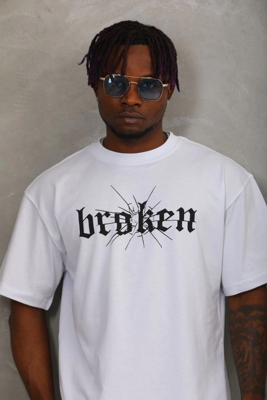 Oversize Baskılı Bisiklet Yaka T-Shirt - Beyaz -