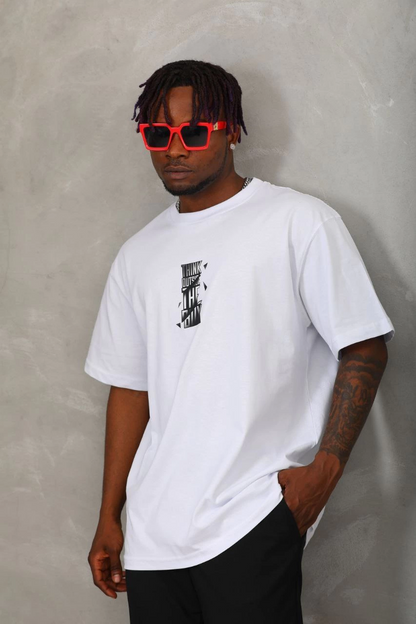 Oversize Baskılı Bisiklet Yaka T-Shirt - Beyaz -