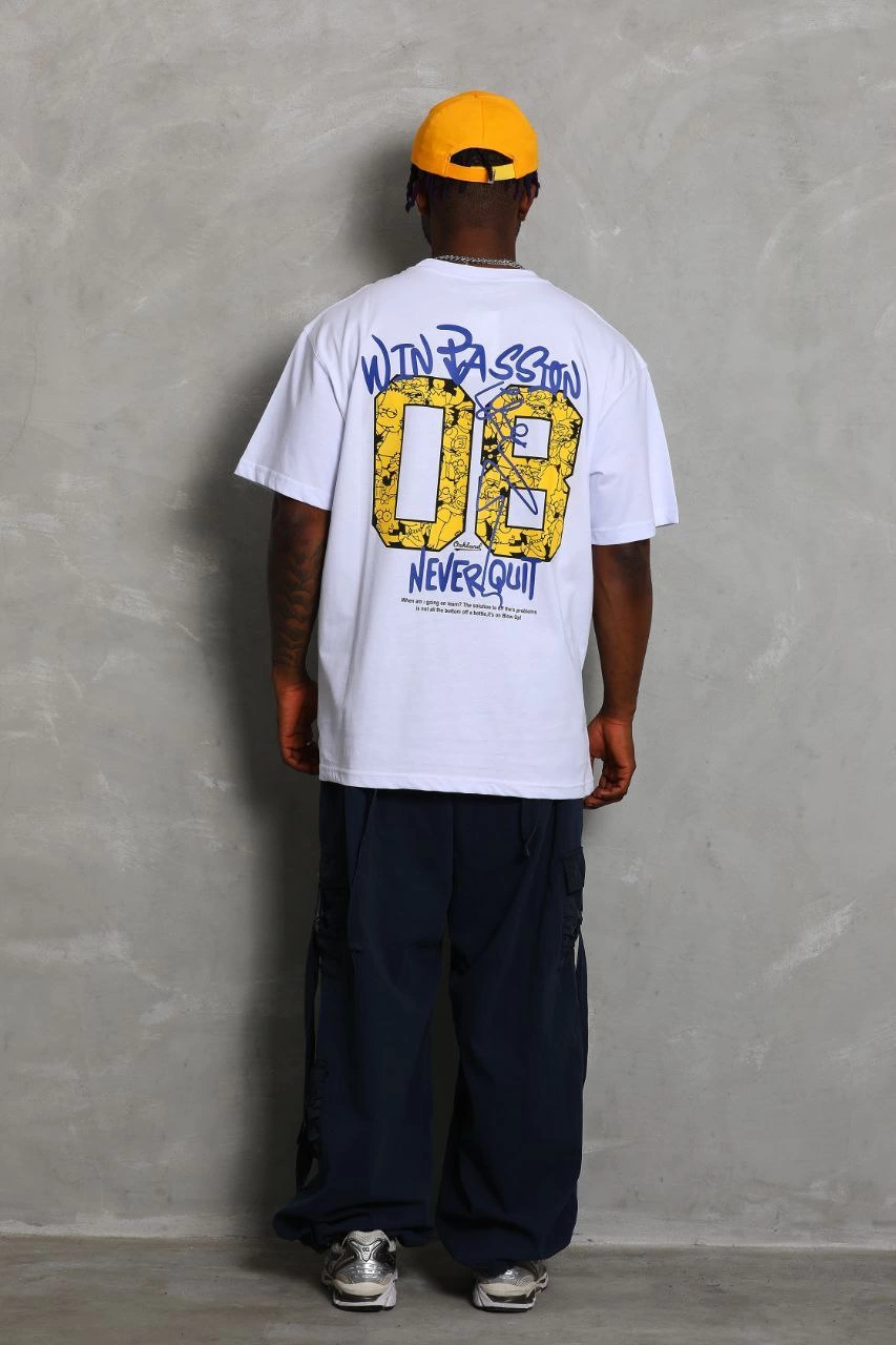 Oversize Baskılı Bisiklet Yaka T-Shirt - Beyaz -