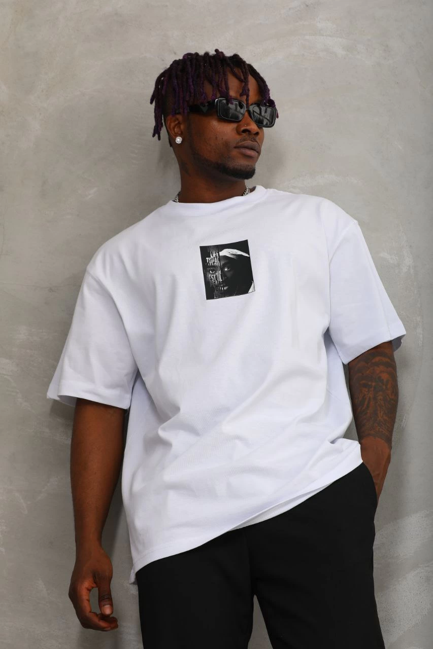 Oversize Baskılı Bisiklet Yaka T-Shirt - Beyaz -