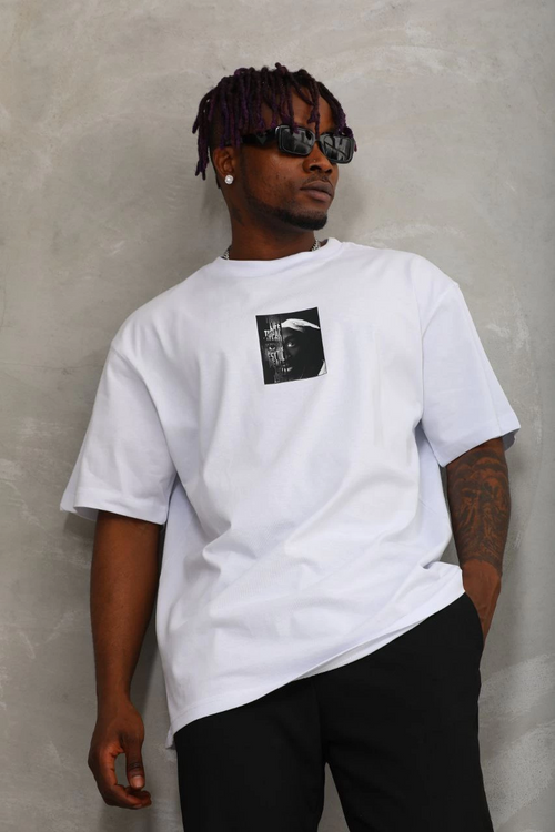 Oversize Baskılı Bisiklet Yaka T-Shirt - Beyaz -