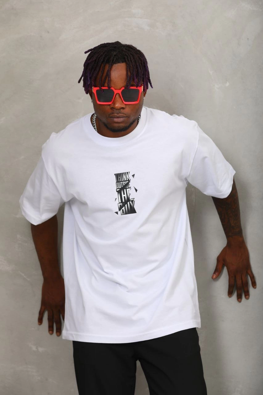 Oversize Baskılı Bisiklet Yaka T-Shirt - Beyaz -