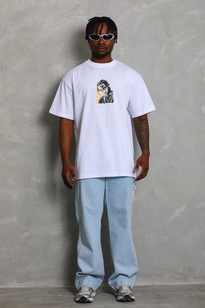 Oversize Baskılı Bisiklet Yaka T-Shirt - Beyaz -