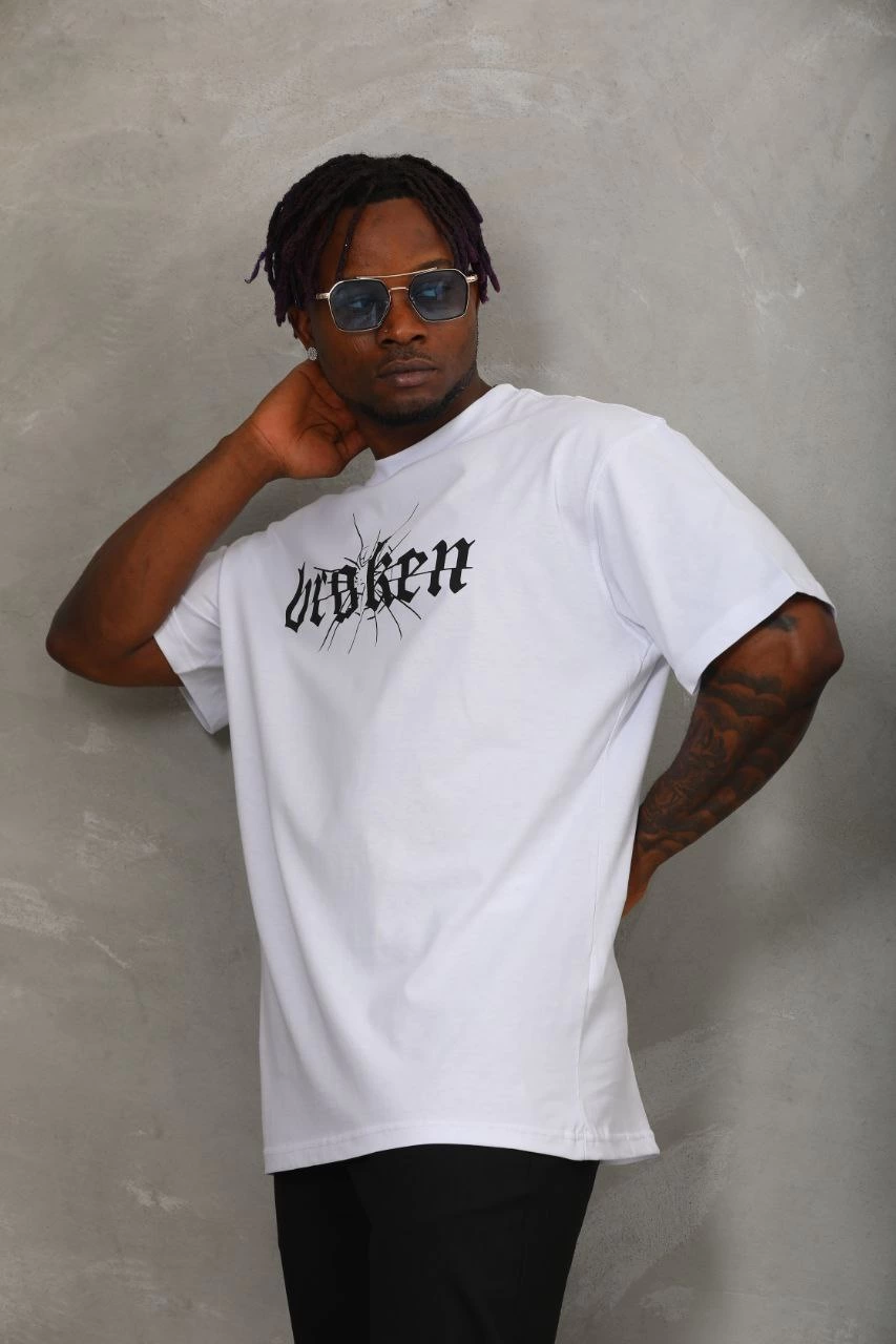 Oversize Baskılı Bisiklet Yaka T-Shirt - Beyaz -