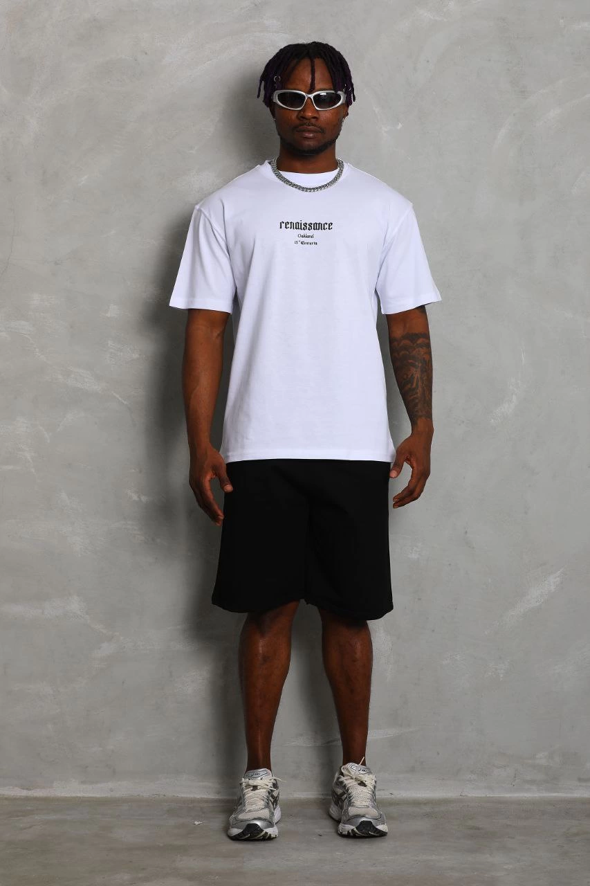 Oversize Baskılı Bisiklet Yaka T-Shirt - Beyaz -