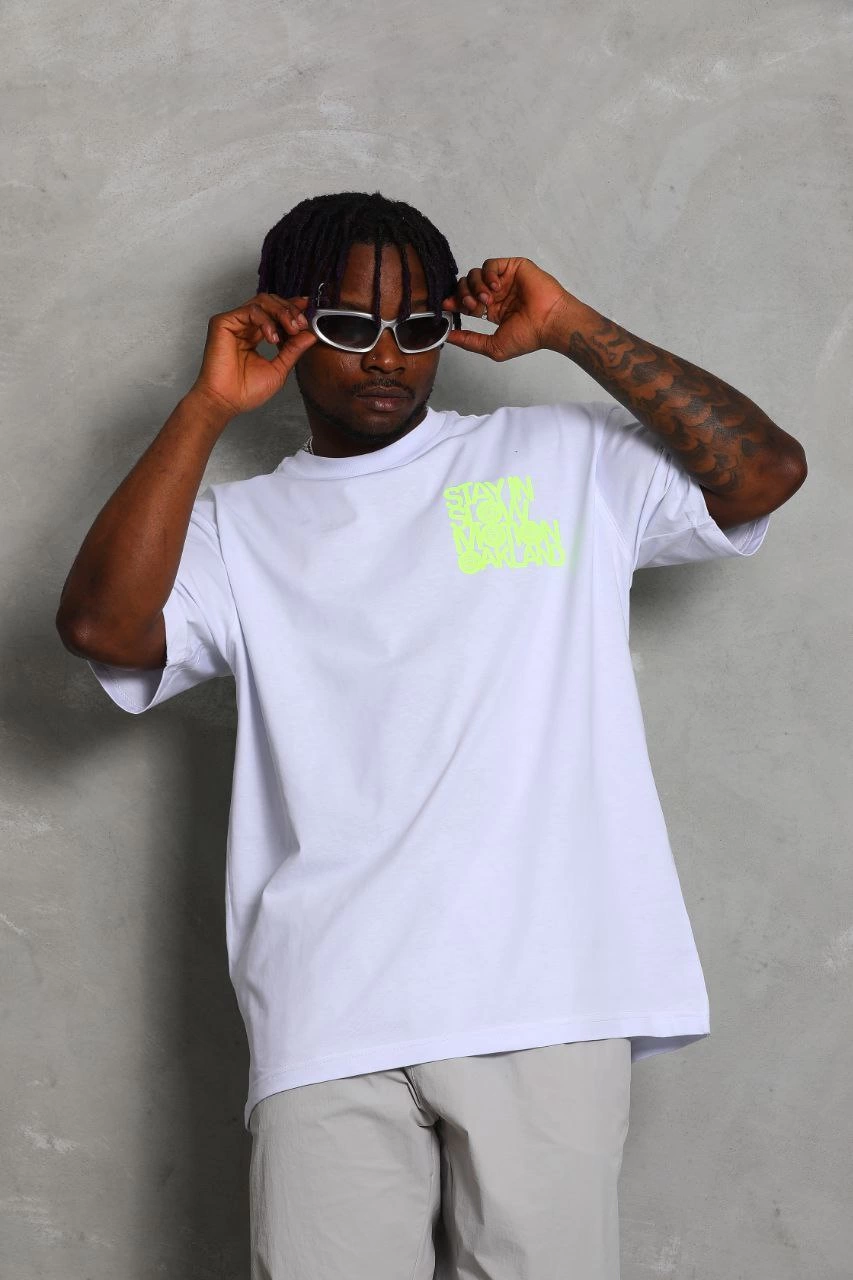 Oversize Baskılı Bisiklet Yaka T-Shirt - Beyaz -