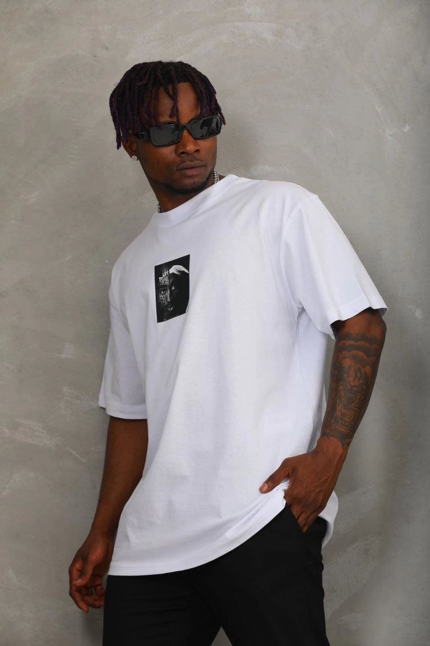 Oversize Baskılı Bisiklet Yaka T-Shirt - Beyaz -