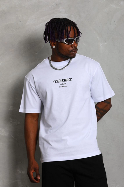 Oversize Baskılı Bisiklet Yaka T-Shirt - Beyaz -