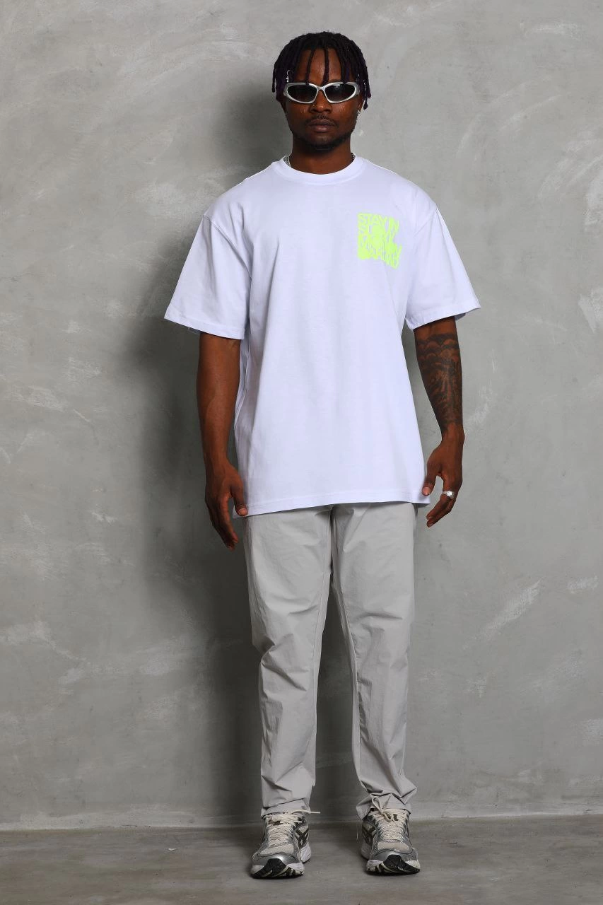 Oversize Baskılı Bisiklet Yaka T-Shirt - Beyaz -