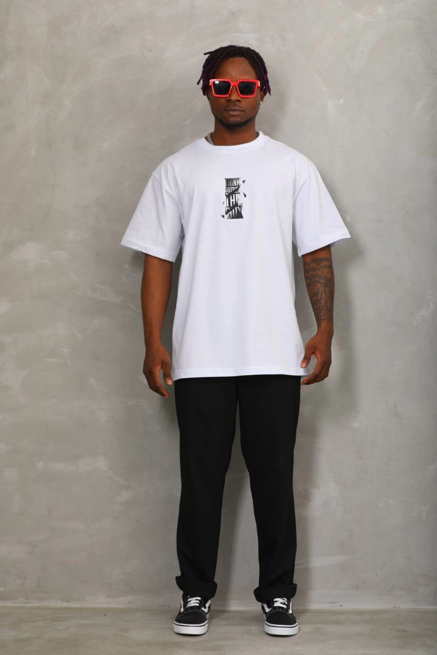 Oversize Baskılı Bisiklet Yaka T-Shirt - Beyaz -