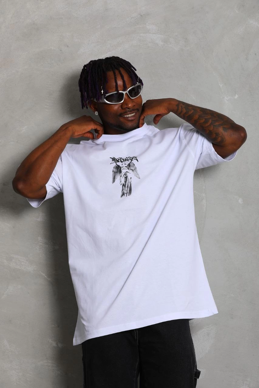 Oversize Baskılı Bisiklet Yaka T-Shirt - Beyaz -