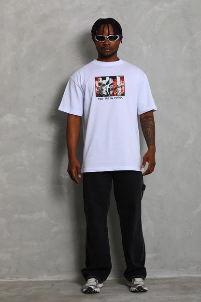 Oversize Baskılı Bisiklet Yaka T-Shirt - Beyaz -