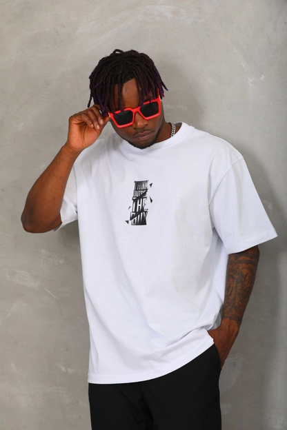 Oversize Baskılı Bisiklet Yaka T-Shirt - Beyaz -