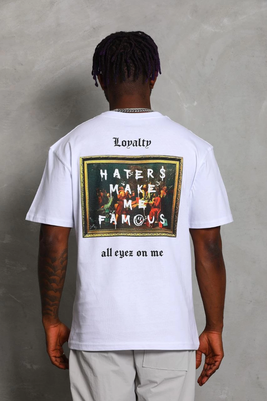 Oversize Baskılı Bisiklet Yaka T-Shirt - Beyaz -