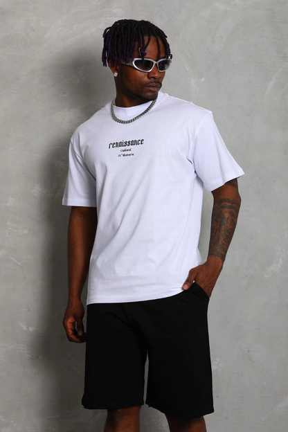 Oversize Baskılı Bisiklet Yaka T-Shirt - Beyaz -