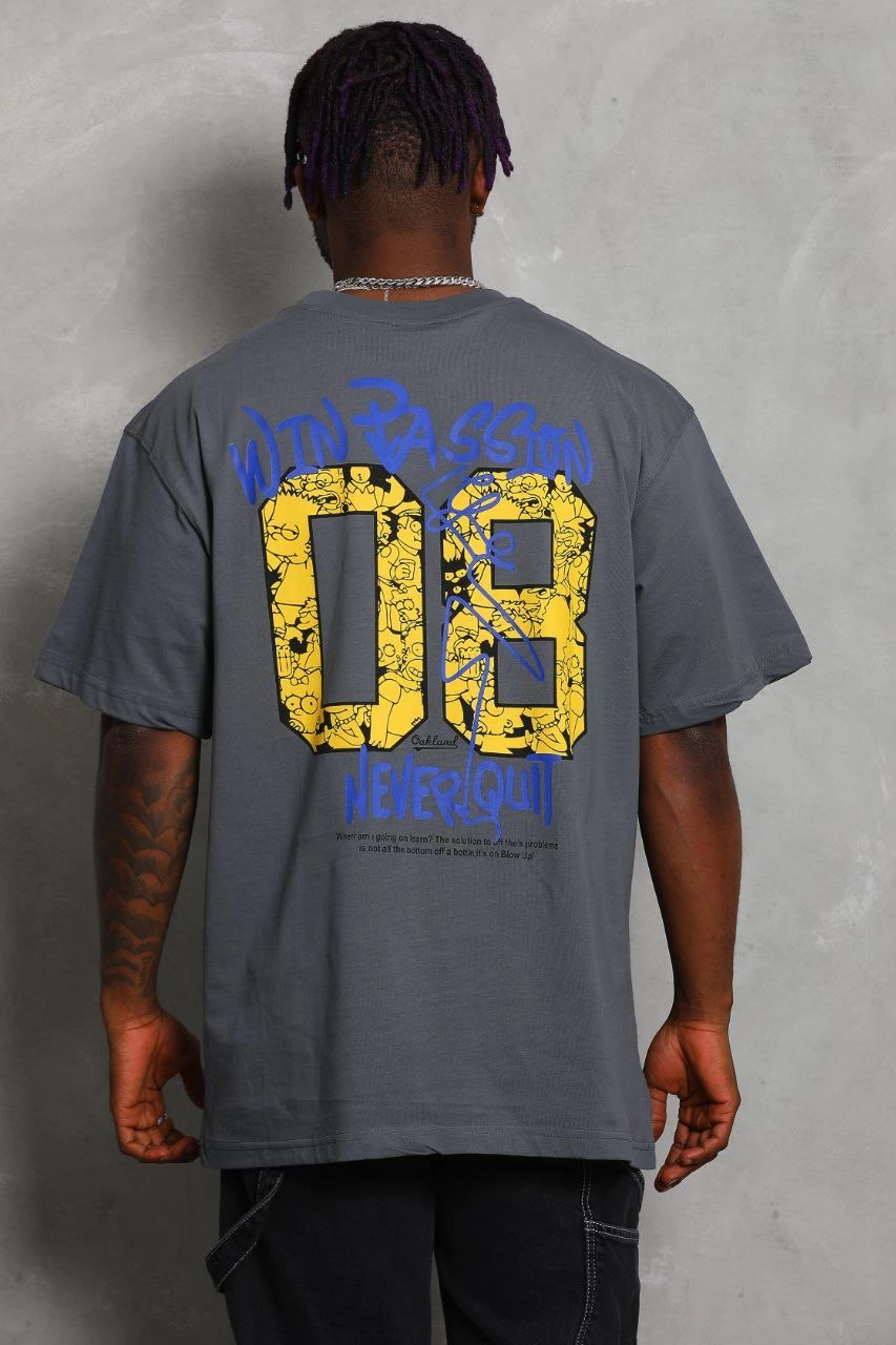 Oversize Baskılı Bisiklet Yaka T-Shirt - Füme -