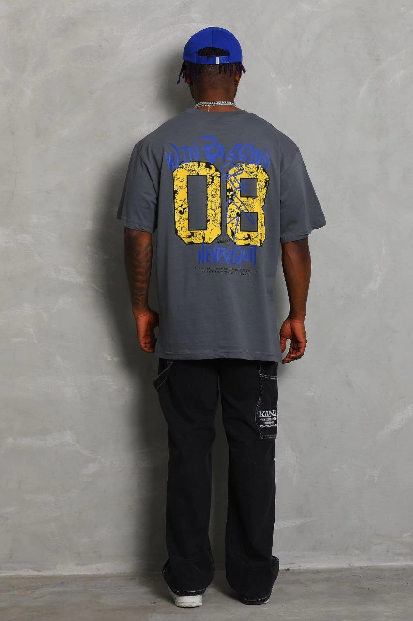 Oversize Baskılı Bisiklet Yaka T-Shirt - Füme -