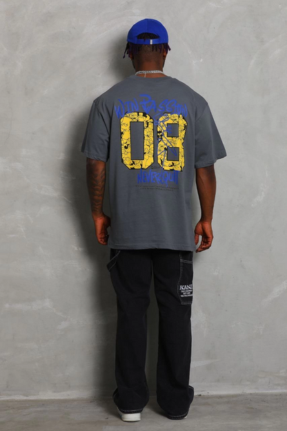Oversize Baskılı Bisiklet Yaka T-Shirt - Füme -