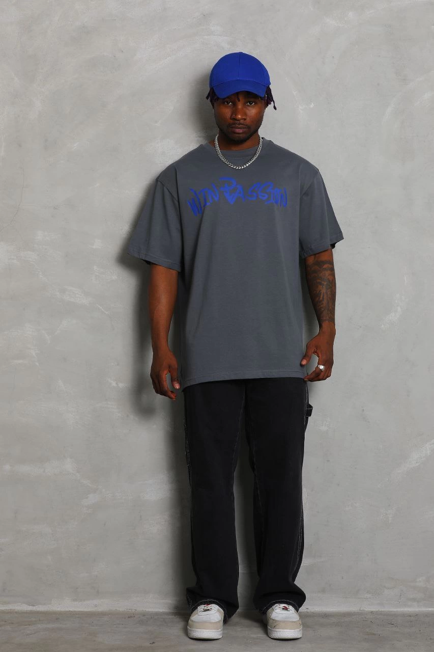 Oversize Baskılı Bisiklet Yaka T-Shirt - Füme -