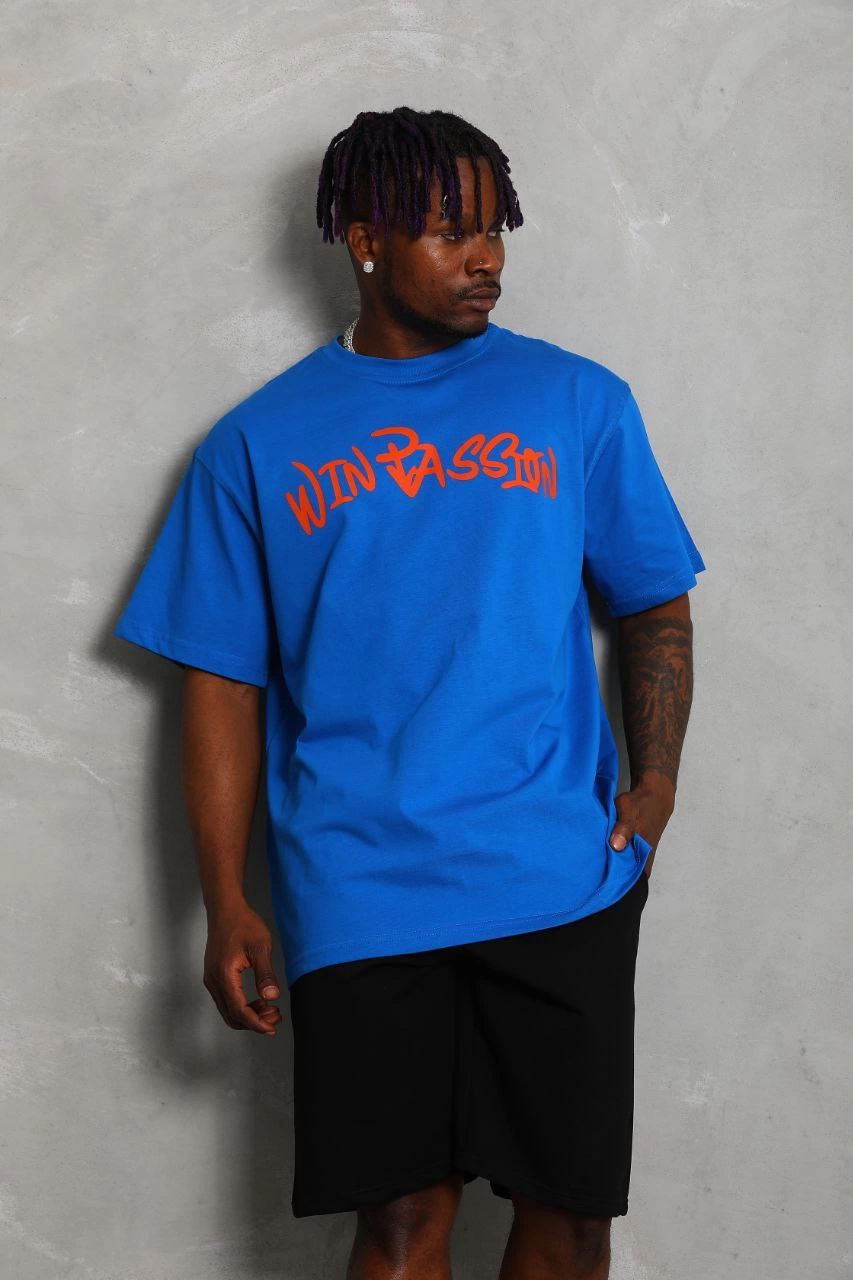 Oversize Baskılı Bisiklet Yaka T-Shirt - Mavi -