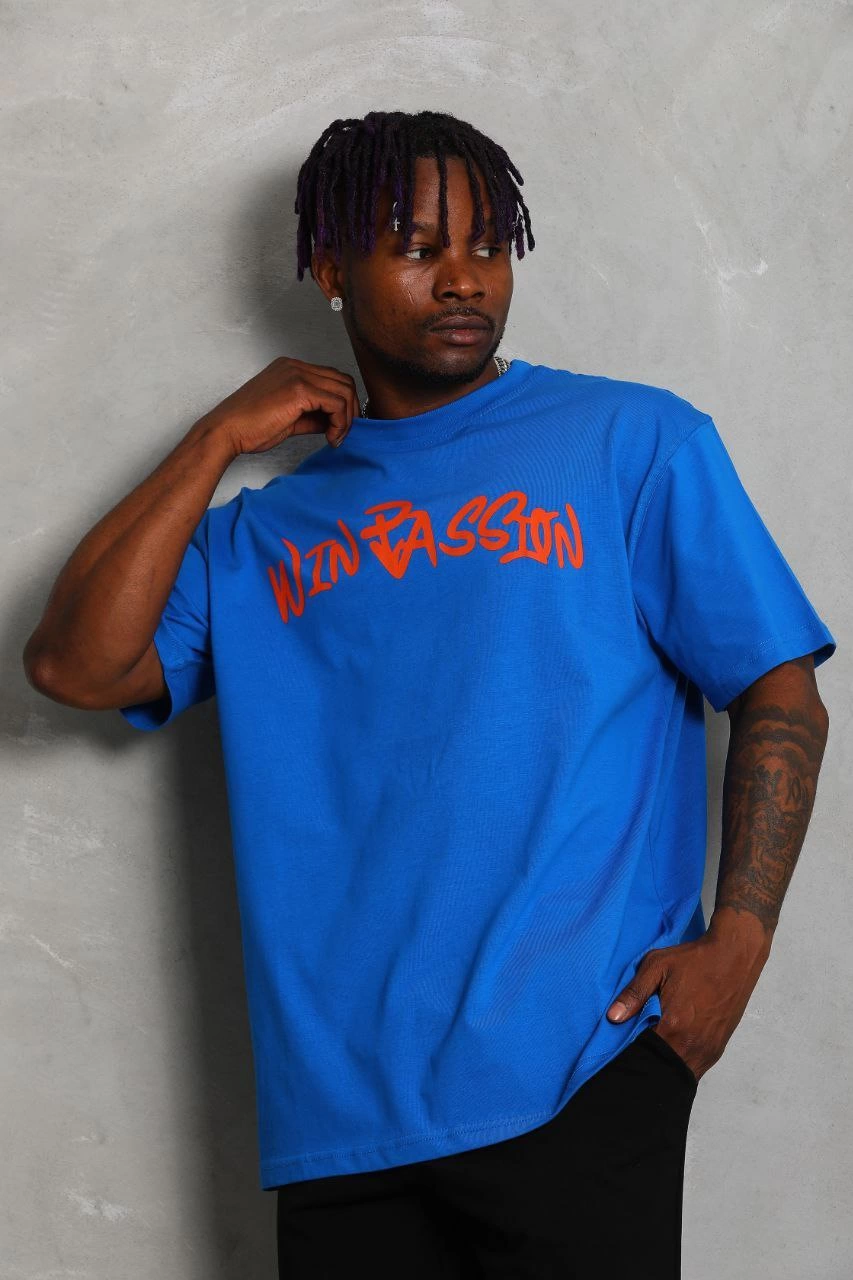 Oversize Baskılı Bisiklet Yaka T-Shirt - Mavi -