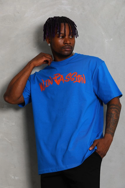 Oversize Baskılı Bisiklet Yaka T-Shirt - Mavi -