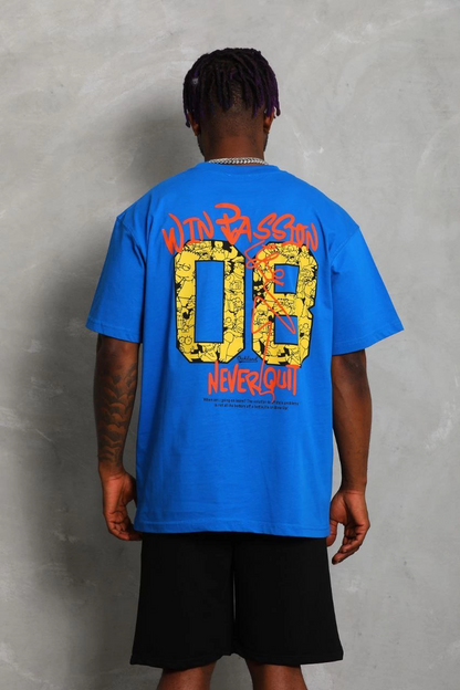 Oversize Baskılı Bisiklet Yaka T-Shirt - Mavi -