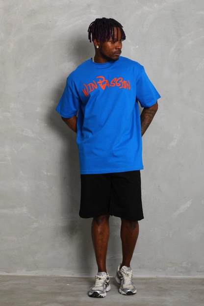 Oversize Baskılı Bisiklet Yaka T-Shirt - Mavi -
