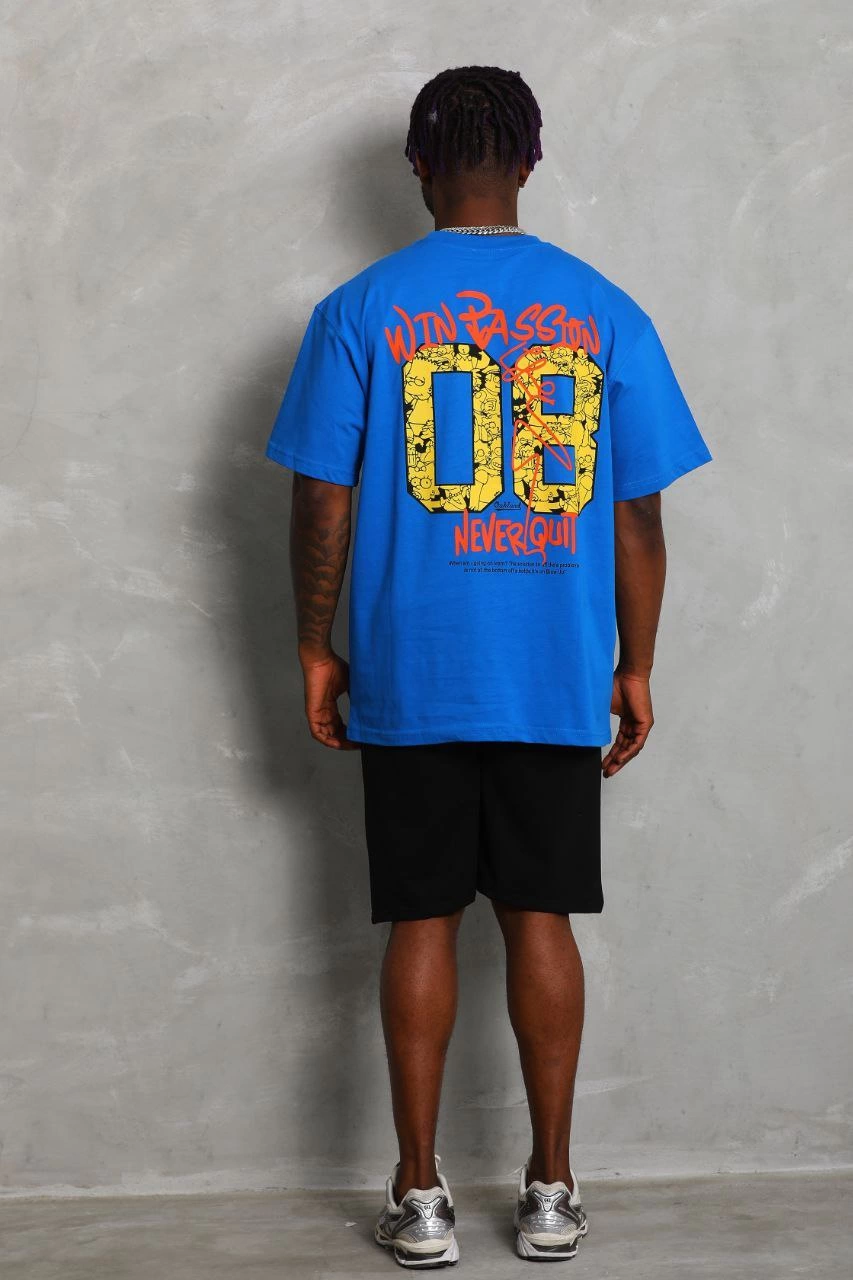 Oversize Baskılı Bisiklet Yaka T-Shirt - Mavi -