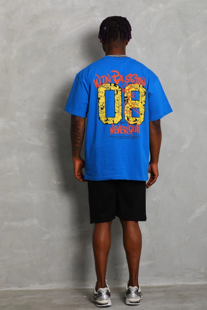Oversize Baskılı Bisiklet Yaka T-Shirt - Mavi -