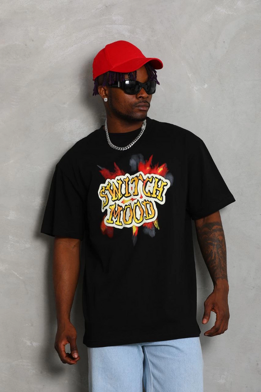 Oversize Baskılı Bisiklet Yaka T-Shirt - Siyah -