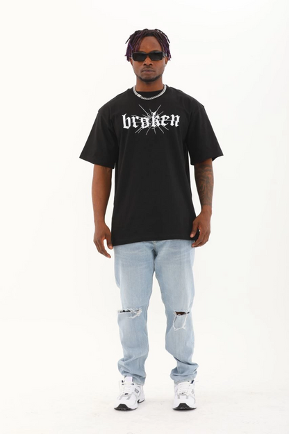 Oversize Baskılı Bisiklet Yaka T-Shirt - Siyah -