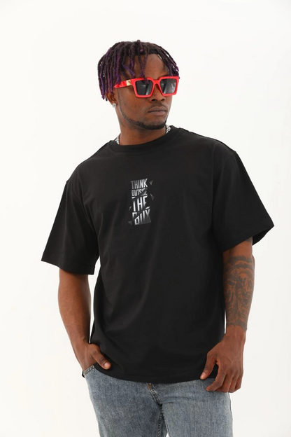 Oversize Baskılı Bisiklet Yaka T-Shirt - Siyah -