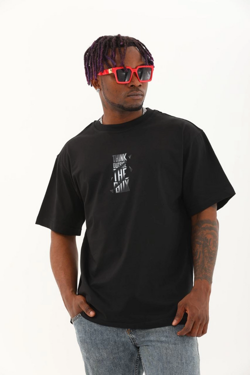 Oversize Baskılı Bisiklet Yaka T-Shirt - Siyah -