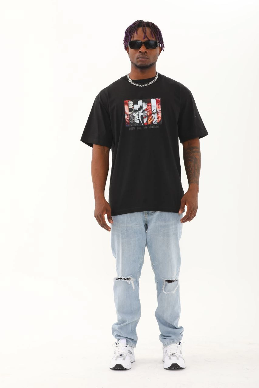 Oversize Baskılı Bisiklet Yaka T-Shirt - Siyah -