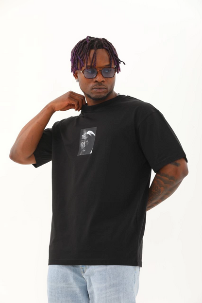 Oversize Baskılı Bisiklet Yaka T-Shirt - Siyah -