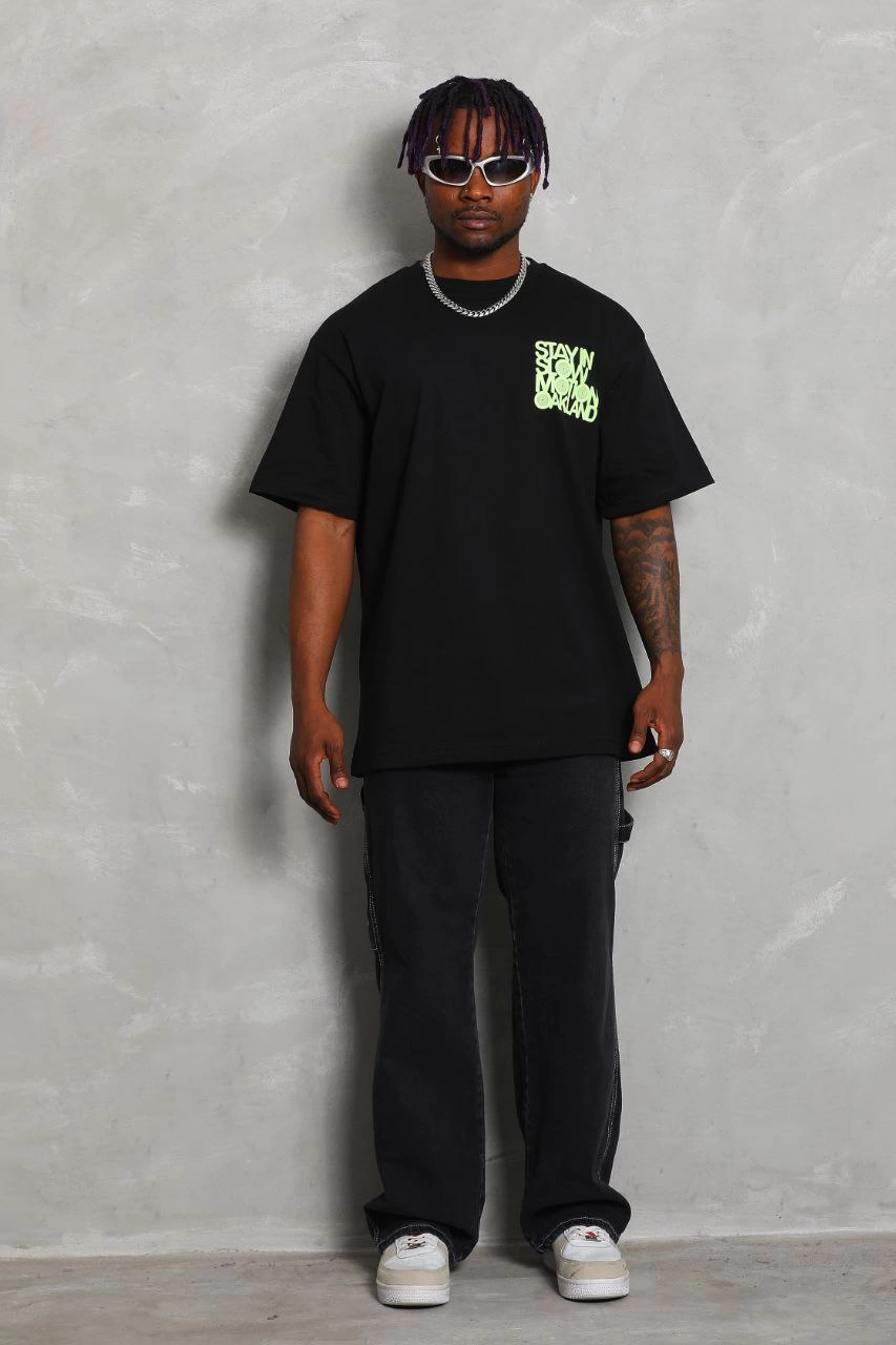 Oversize Baskılı Bisiklet Yaka T-Shirt - Siyah -